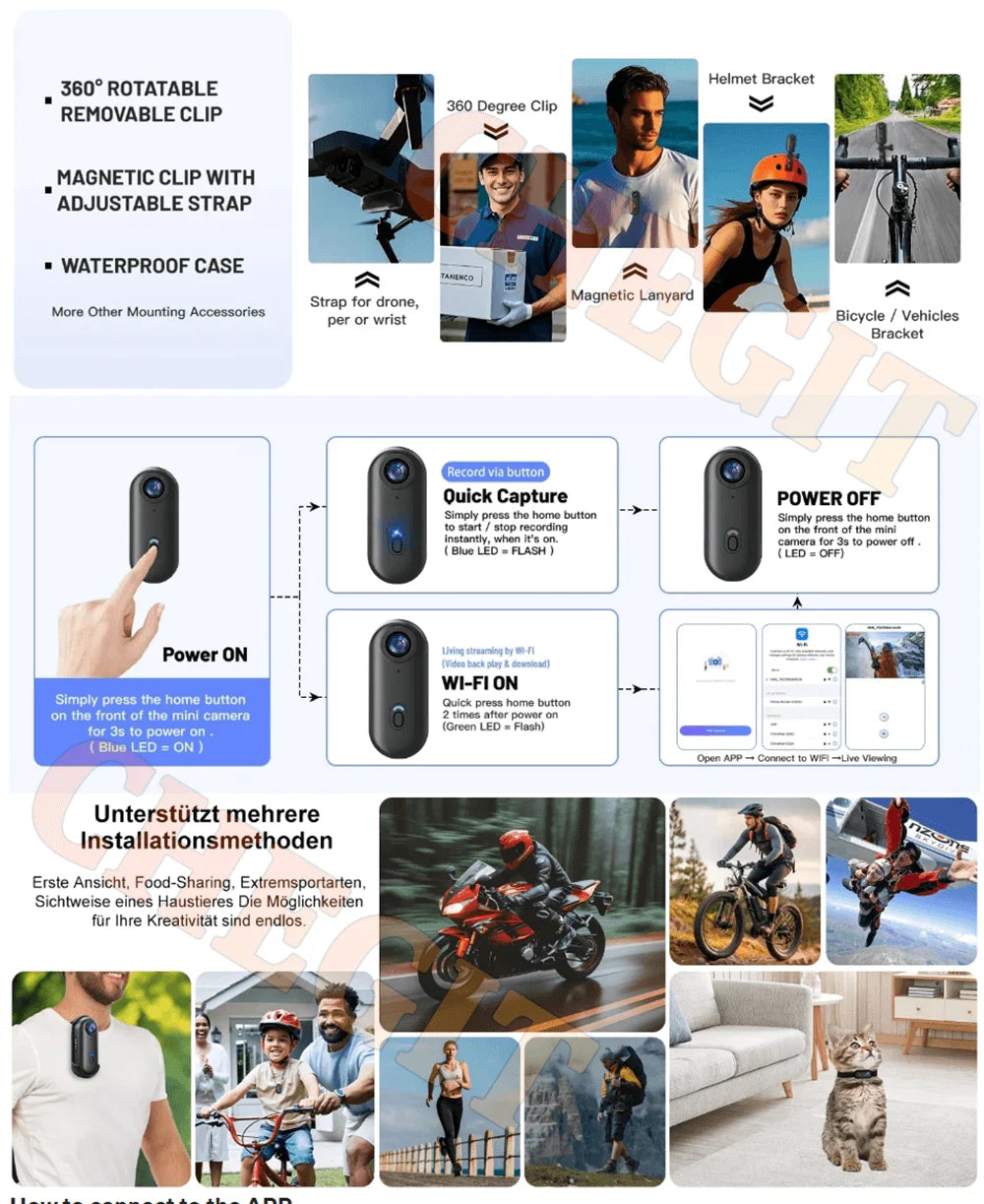 Mini caméra d'action 4K portable magnétique pour vlog, enregistreur corporel et pectoral, WiFi sans fil, étanche, pour casque, vélo et sports