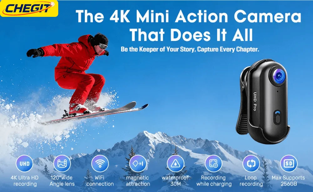 Mini caméra d'action 4K portable magnétique pour vlog, enregistreur corporel et pectoral, WiFi sans fil, étanche, pour casque, vélo et sports